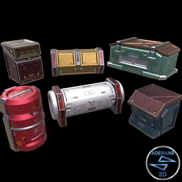 6 Models Sci-fi Crate Pack (Container, Box) - Openable Door - Low Poly